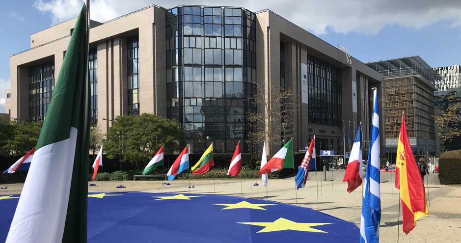 The Schuman roundabout, in Brussels, for the 2021 Europe day; the Justus Lipsius building in the background_ c European Union, 2021