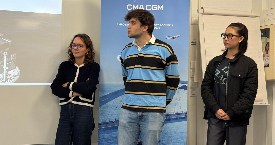 Students from the winning team of the HEC Paris - CMA CGM Super Case during the project presentation session on the HEC campus. 