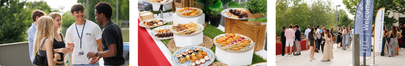 Welcome reception with food and students smiling and talking outdoors