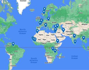 A world map highlighting various locations with blue markers. The markers are spread across multiple continents including North America, South America, Europe, Africa, and Asia. These markers likely indicate significant points of interest, such as offices, events