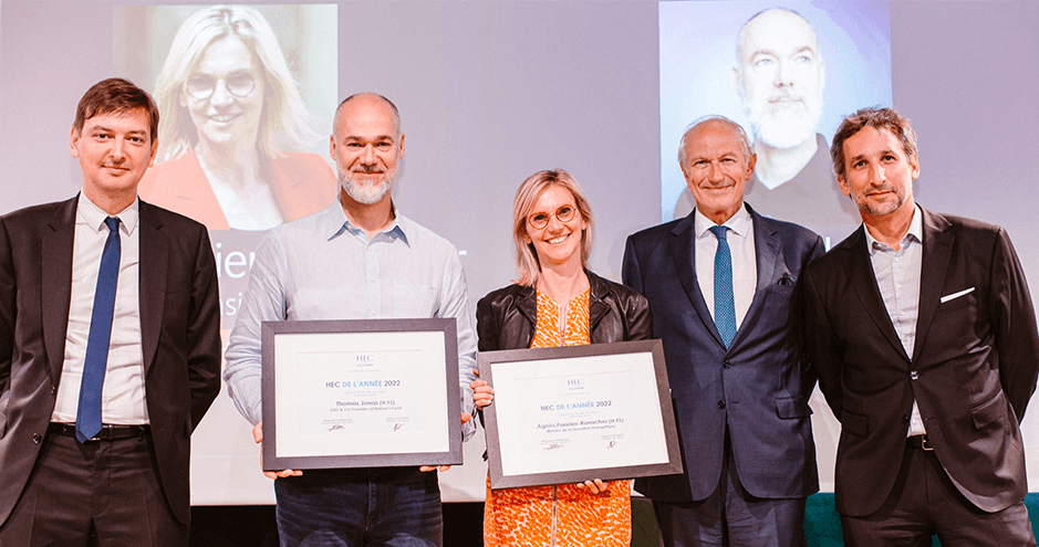 Remise des prix HEC de l'année 2022 - Thomas Jonas et Agnès Pannier-Runacher, avec Eloïc Peyrache, Jean-Paul Agon et Adrien Couret